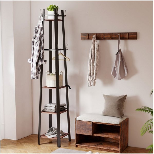 HOMCOM Garderobenständer Kleiderständer mit 4 Ablagen, 8 Haken im Industrie-Stil, (Jackenständer, 1 St., Garderobe), für Kleidung, Tasche und Hut, für Flur und 
