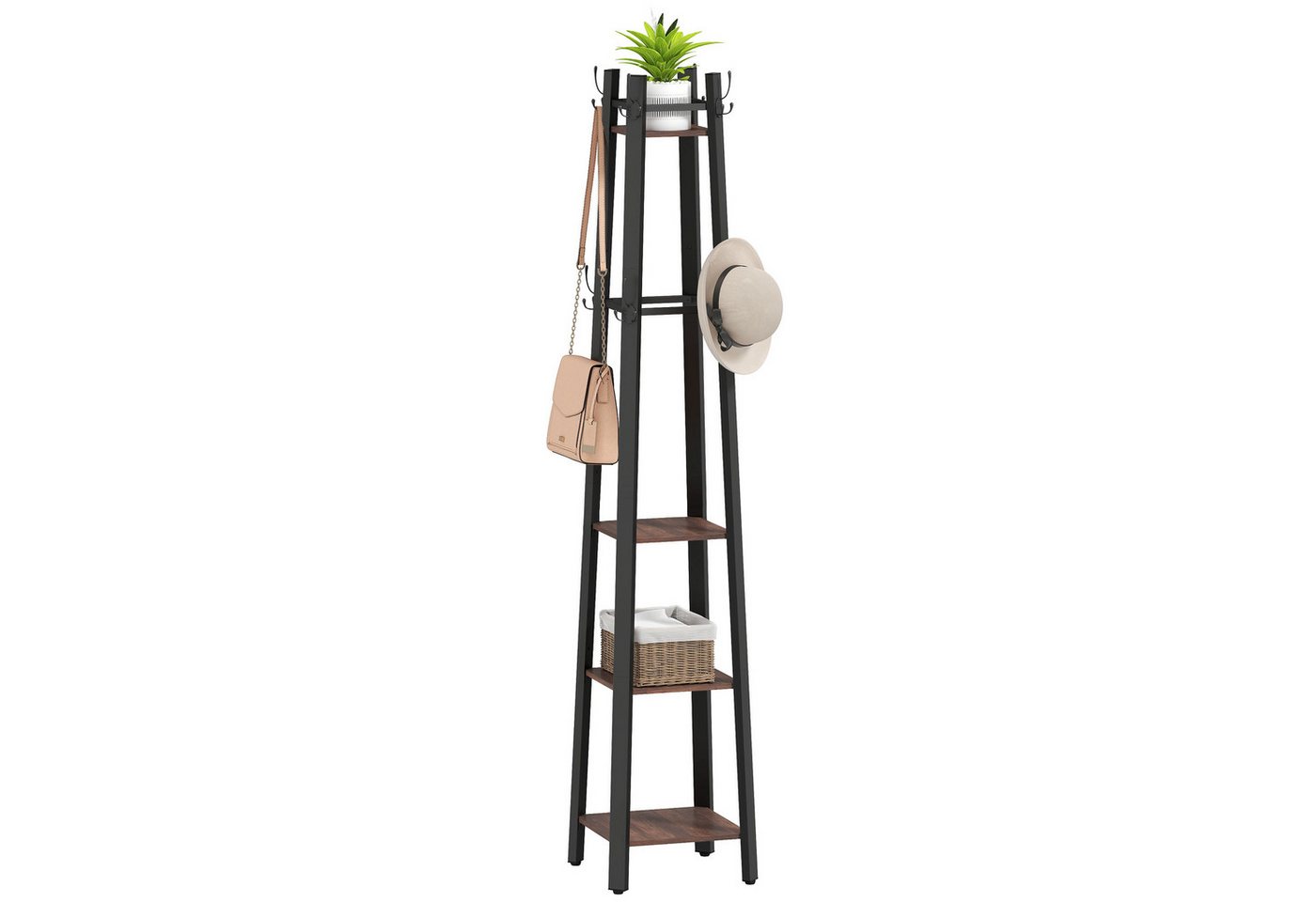 HOMCOM Garderobenständer Kleiderständer mit 4 Ablagen, 8 Haken im Industrie-Stil, (Jackenständer, 1 St., Garderobe), für Kleidung, Tasche und Hut, für Flur und  – Bild 2 von 5