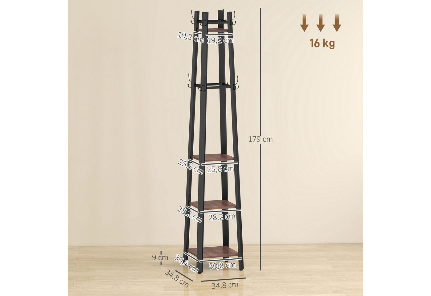 HOMCOM Garderobenständer Kleiderständer mit 4 Ablagen, 8 Haken im Industrie-Stil, (Jackenständer, 1 St., Garderobe), für Kleidung, Tasche und Hut, für Flur und  – Bild 3 von 5