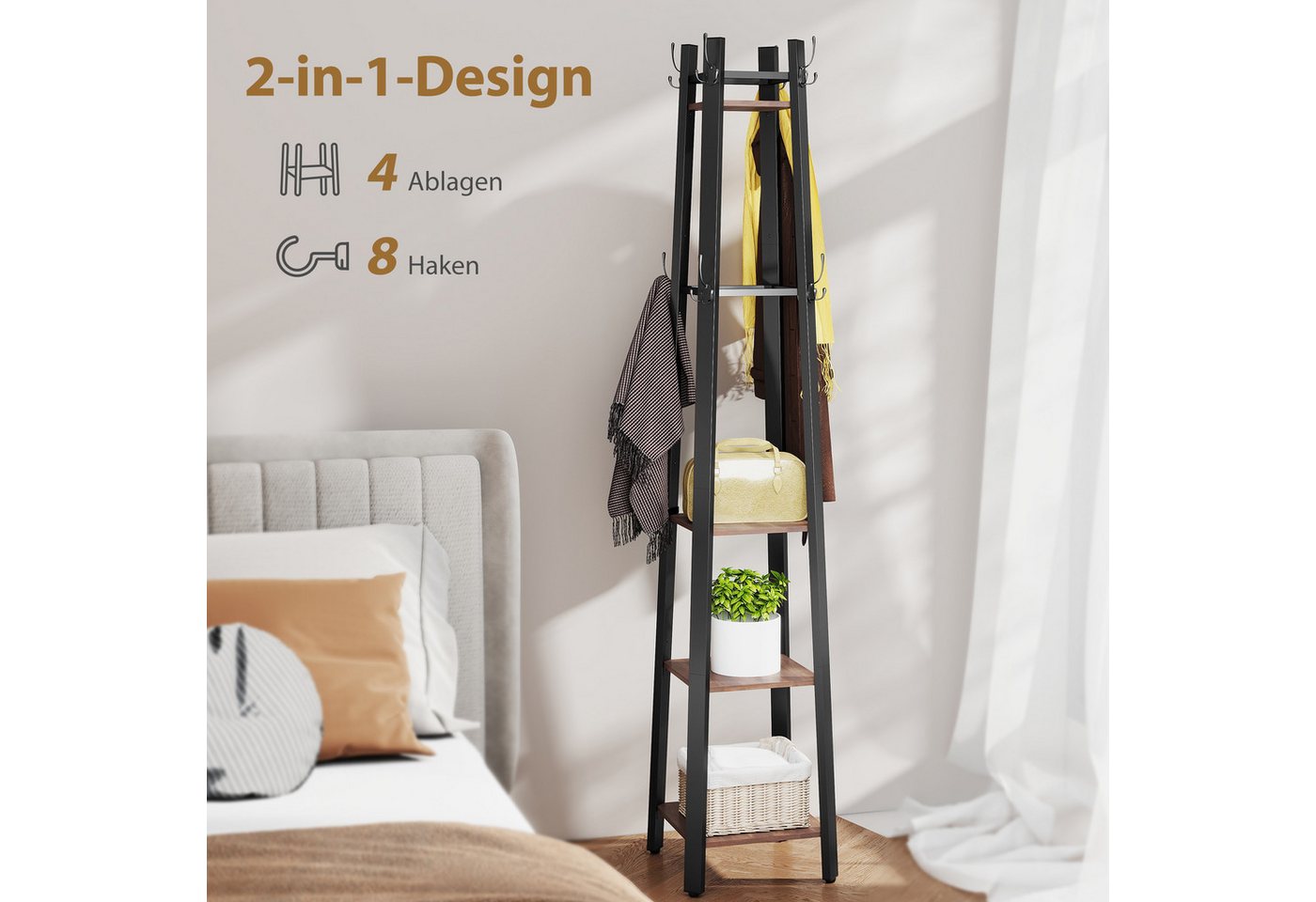 HOMCOM Garderobenständer Kleiderständer mit 4 Ablagen, 8 Haken im Industrie-Stil, (Jackenständer, 1 St., Garderobe), für Kleidung, Tasche und Hut, für Flur und  – Bild 4 von 5
