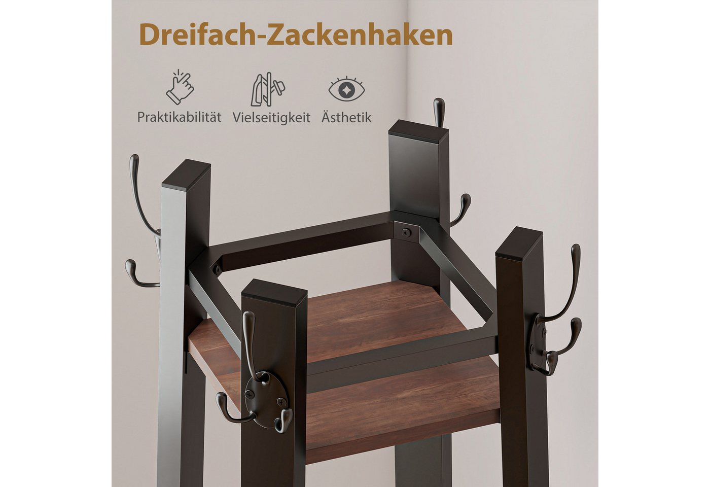 HOMCOM Garderobenständer Kleiderständer mit 4 Ablagen, 8 Haken im Industrie-Stil, (Jackenständer, 1 St., Garderobe), für Kleidung, Tasche und Hut, für Flur und  – Bild 5 von 5