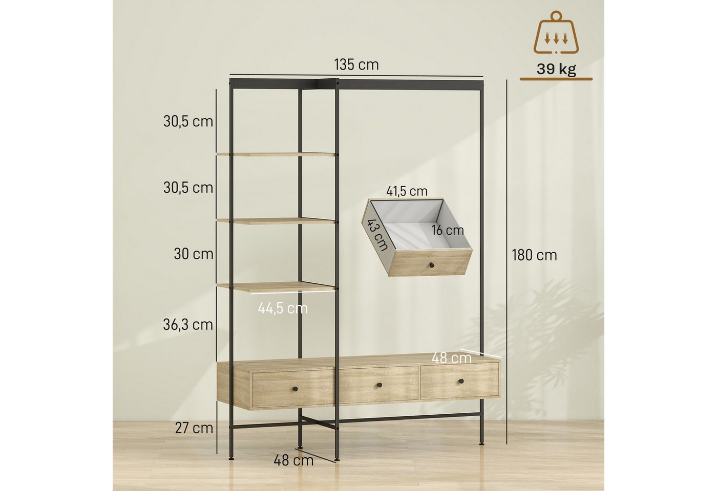 HOMCOM Garderobenständer Garderobenständer mit Regalen, Kleiderstange, 180cm Kleiderständer, (Set, 1 St., 1), Multifunktionale Flurgarderobe mit hohem Stauraum – Bild 3 von 5
