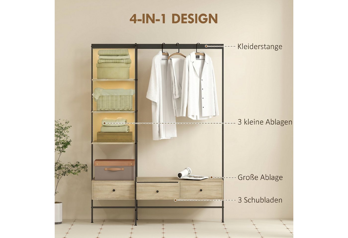 HOMCOM Garderobenständer Garderobenständer mit Regalen, Kleiderstange, 180cm Kleiderständer, (Set, 1 St., 1), Multifunktionale Flurgarderobe mit hohem Stauraum – Bild 4 von 5