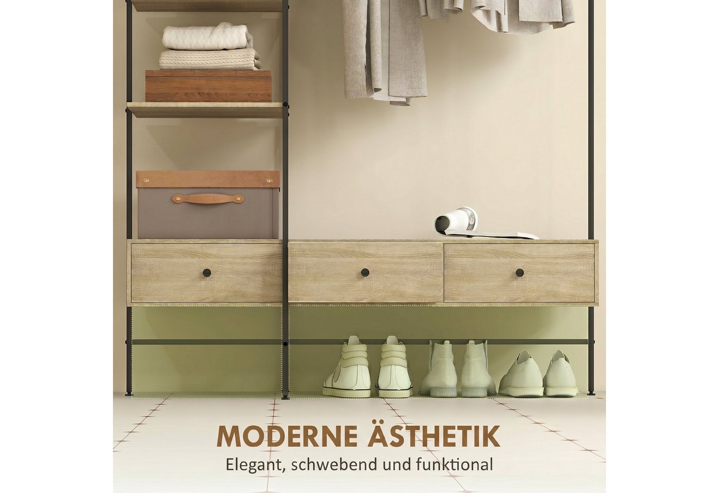 HOMCOM Garderobenständer Garderobenständer mit Regalen, Kleiderstange, 180cm Kleiderständer, (Set, 1 St., 1), Multifunktionale Flurgarderobe mit hohem Stauraum – Bild 5 von 5