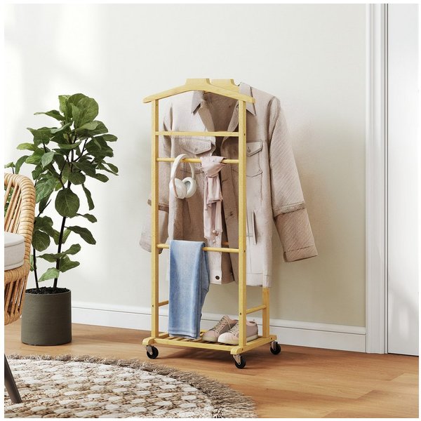HOMCOM Garderobenständer Schuhablage, Ablagetablett mit Hosenhalter für Schlafzimmer, (Kleiderständer, 1 St., Garderobe), aus Bambus, kompakt, mobil mit Rollen