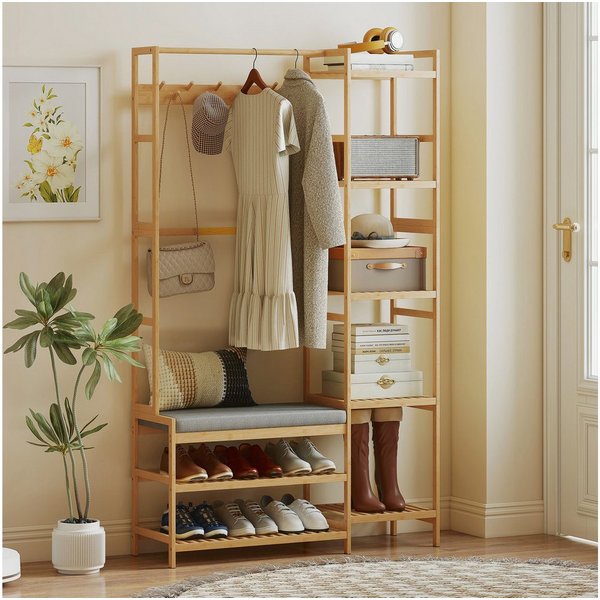HOMCOM Garderobenständer Schuhbank, gepolstert, mit 2 Ablagen, Kleiderstange, Höhe 175 cm, (Kleiderständer, 1 St., Standgarderobe), für Wohnzimmer, Schlafzimmer