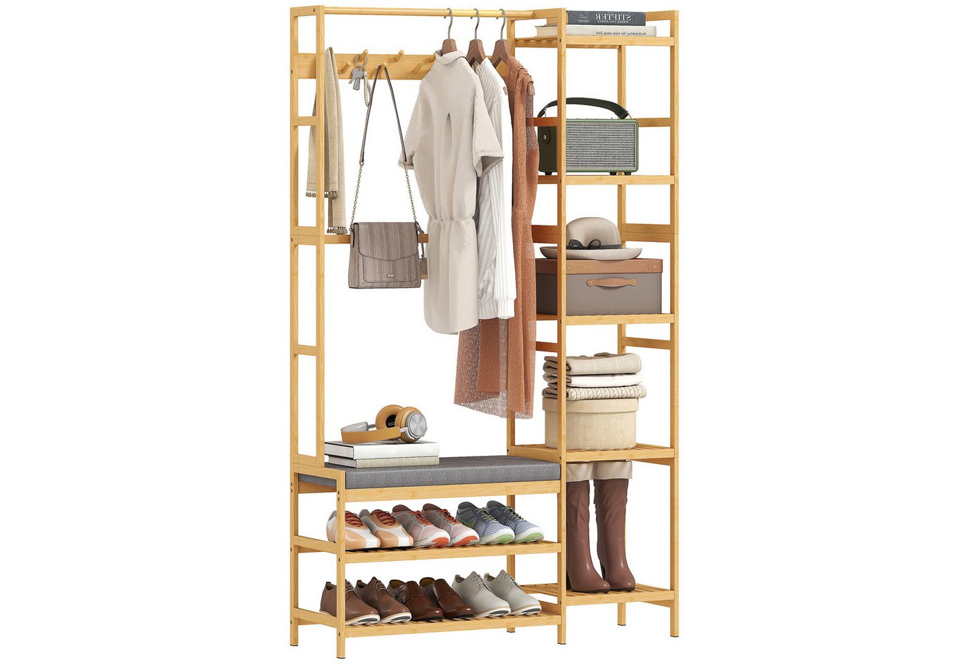 HOMCOM Garderobenständer Schuhbank, gepolstert, mit 2 Ablagen, Kleiderstange, Höhe 175 cm, (Kleiderständer, 1 St., Standgarderobe), für Wohnzimmer, Schlafzimmer – Bild 2 von 5