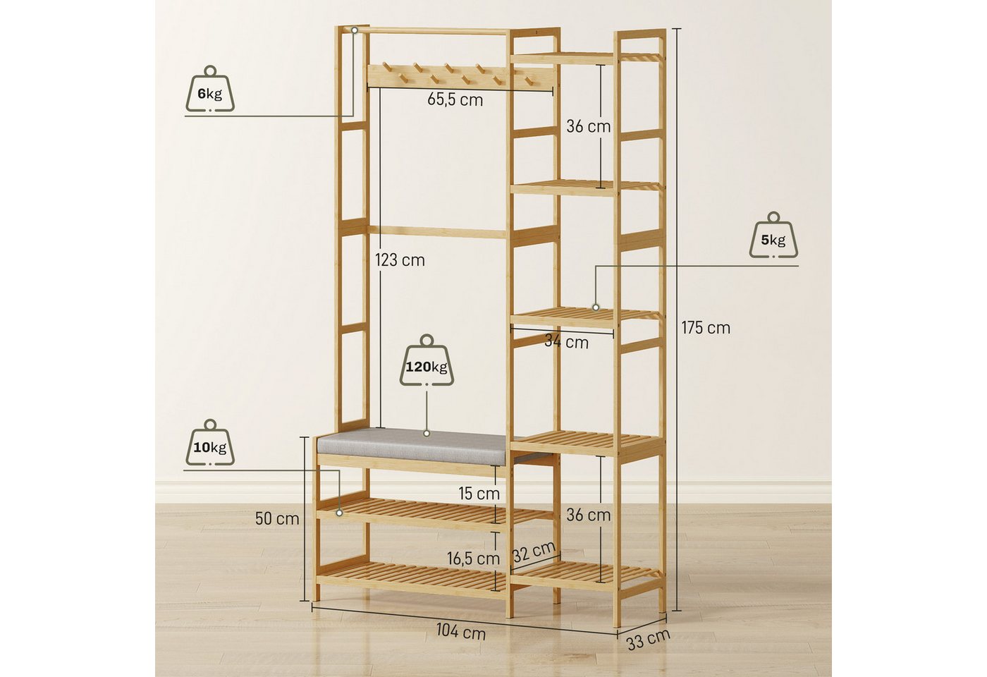 HOMCOM Garderobenständer Schuhbank, gepolstert, mit 2 Ablagen, Kleiderstange, Höhe 175 cm, (Kleiderständer, 1 St., Standgarderobe), für Wohnzimmer, Schlafzimmer – Bild 3 von 5