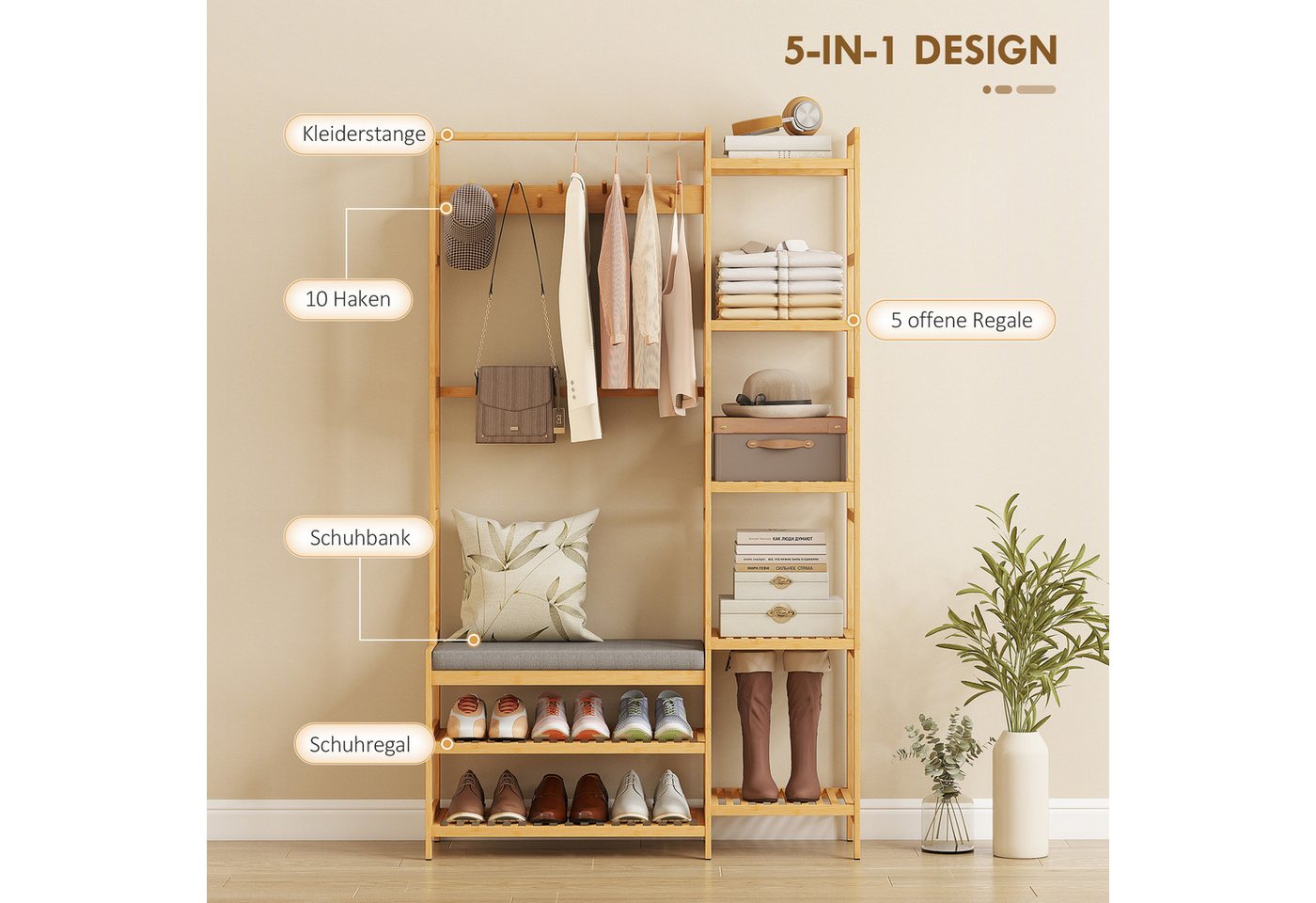 HOMCOM Garderobenständer Schuhbank, gepolstert, mit 2 Ablagen, Kleiderstange, Höhe 175 cm, (Kleiderständer, 1 St., Standgarderobe), für Wohnzimmer, Schlafzimmer – Bild 4 von 5