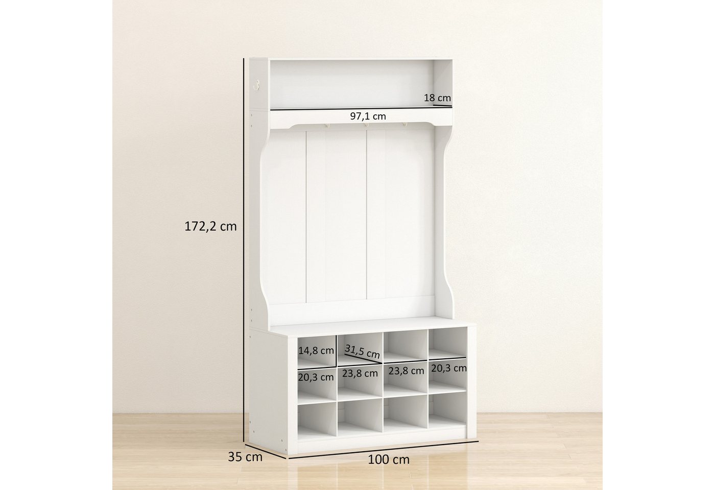 HOMCOM Garderobenständer Schuhregal, 6 Haken für Flur, Wohnzimmer, Höhe 172,2 cm, (Kleidungsständer, 1 St., Garderobe), für Eingangsbereich, Schlafzimmer, Weiß – Bild 3 von 5