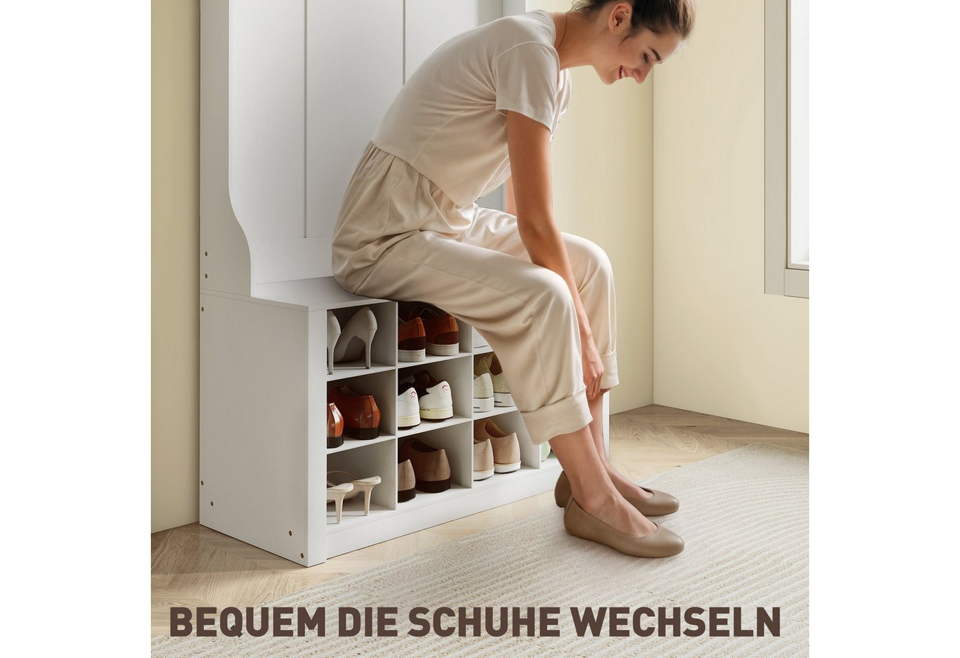 HOMCOM Garderobenständer Schuhregal, 6 Haken für Flur, Wohnzimmer, Höhe 172,2 cm, (Kleidungsständer, 1 St., Garderobe), für Eingangsbereich, Schlafzimmer, Weiß – Bild 5 von 5