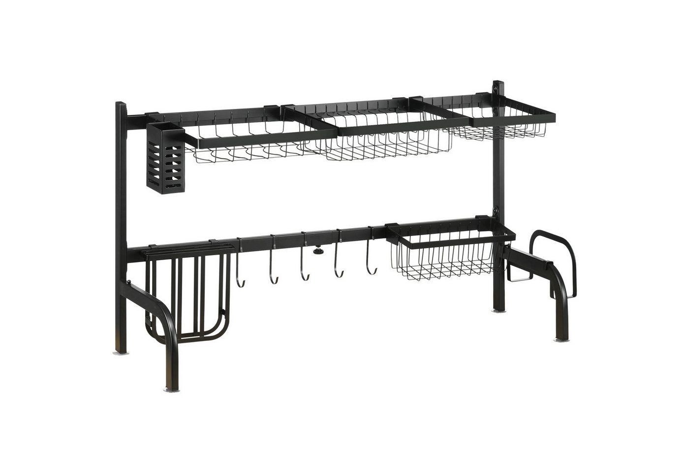 HOMCOM Geschirrständer Abtropfgestell, 2-stufig, Abtropfständer, mit Haken, Zubehör für Messer, Papierhandtücher, Essstäbchen, Stahl, Schwarz, 51-93 cm – Bild 2 von 5