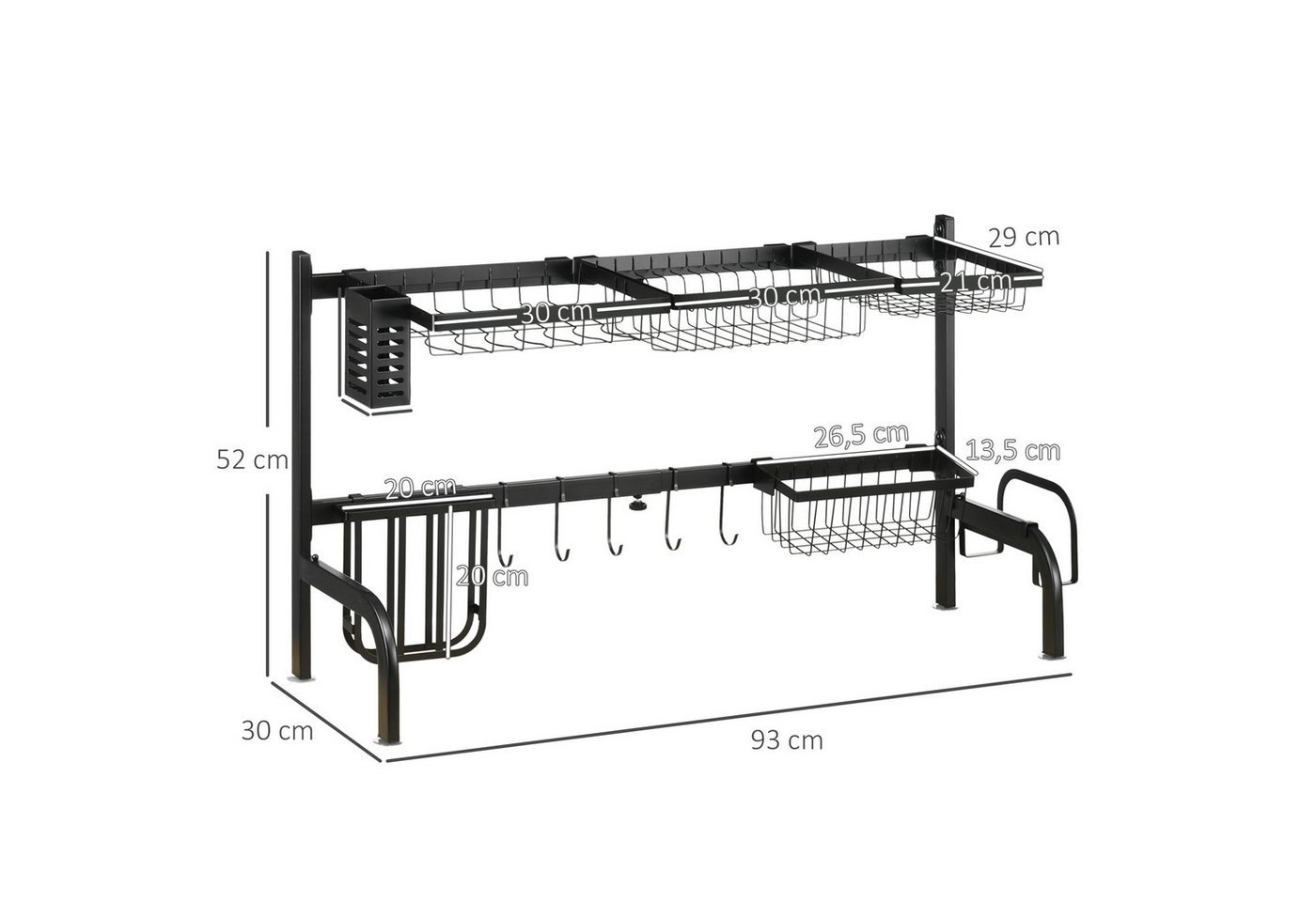 HOMCOM Geschirrständer Abtropfgestell, 2-stufig, Abtropfständer, mit Haken, Zubehör für Messer, Papierhandtücher, Essstäbchen, Stahl, Schwarz, 51-93 cm – Bild 3 von 5