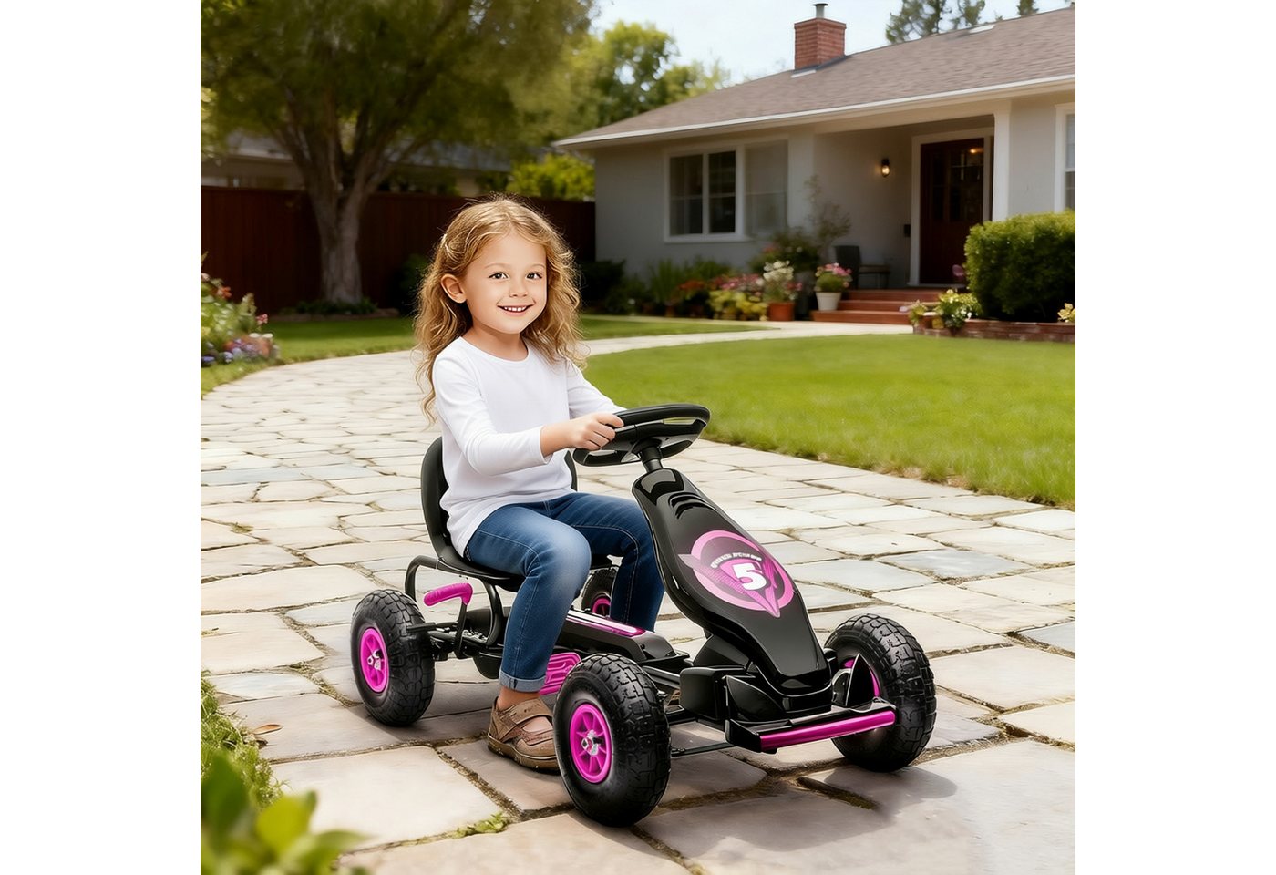 HOMCOM Go-Kart Kinderfahrzeug, Tretfahrzeug, Pedal und Handbremse, Outdoor, für Garten, Balkon, Rosa+Schwarz – Bild 2 von 5