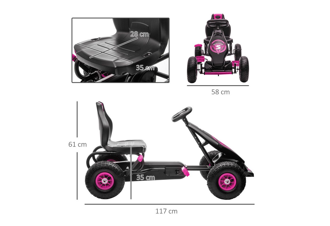 HOMCOM Go-Kart Kinderfahrzeug, Tretfahrzeug, Pedal und Handbremse, Outdoor, für Garten, Balkon, Rosa+Schwarz – Bild 3 von 5