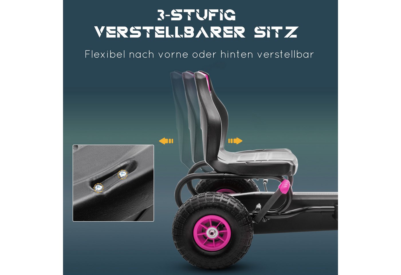 HOMCOM Go-Kart Kinderfahrzeug, Tretfahrzeug, Pedal und Handbremse, Outdoor, für Garten, Balkon, Rosa+Schwarz – Bild 4 von 5