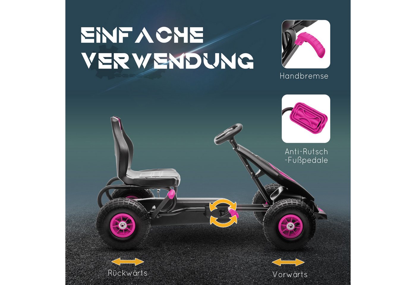 HOMCOM Go-Kart Kinderfahrzeug, Tretfahrzeug, Pedal und Handbremse, Outdoor, für Garten, Balkon, Rosa+Schwarz – Bild 5 von 5
