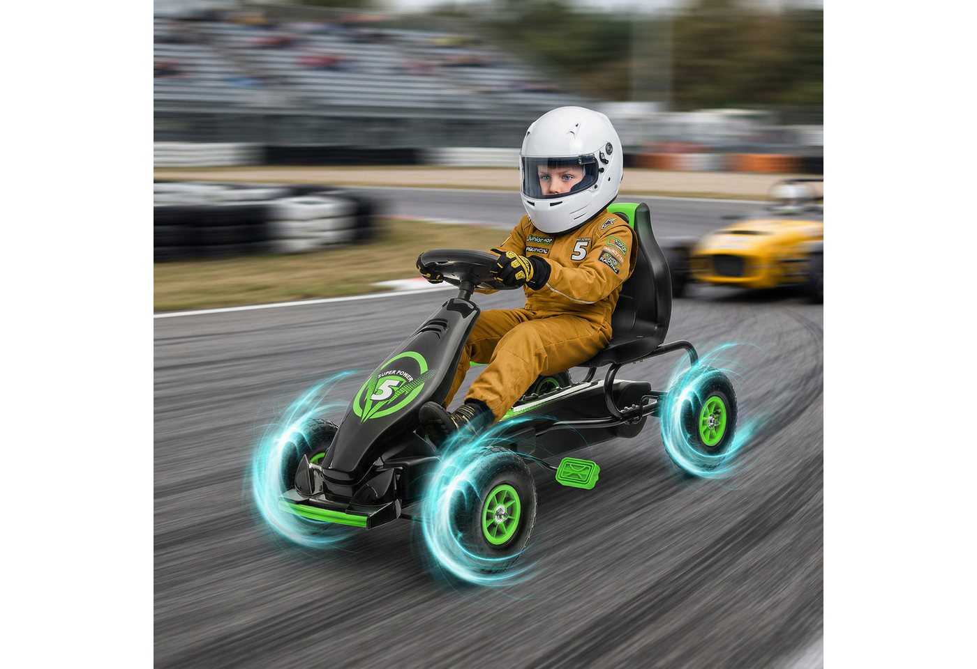 HOMCOM Go-Kart Kinderfahrzeug, Tretfahrzeug, Pedal und Handbremse, Outdoor, für Garten, Balkon, Grün+Schwarz – Bild 2 von 5