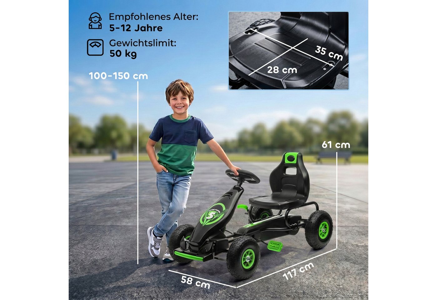 HOMCOM Go-Kart Kinderfahrzeug, Tretfahrzeug, Pedal und Handbremse, Outdoor, für Garten, Balkon, Grün+Schwarz – Bild 3 von 5