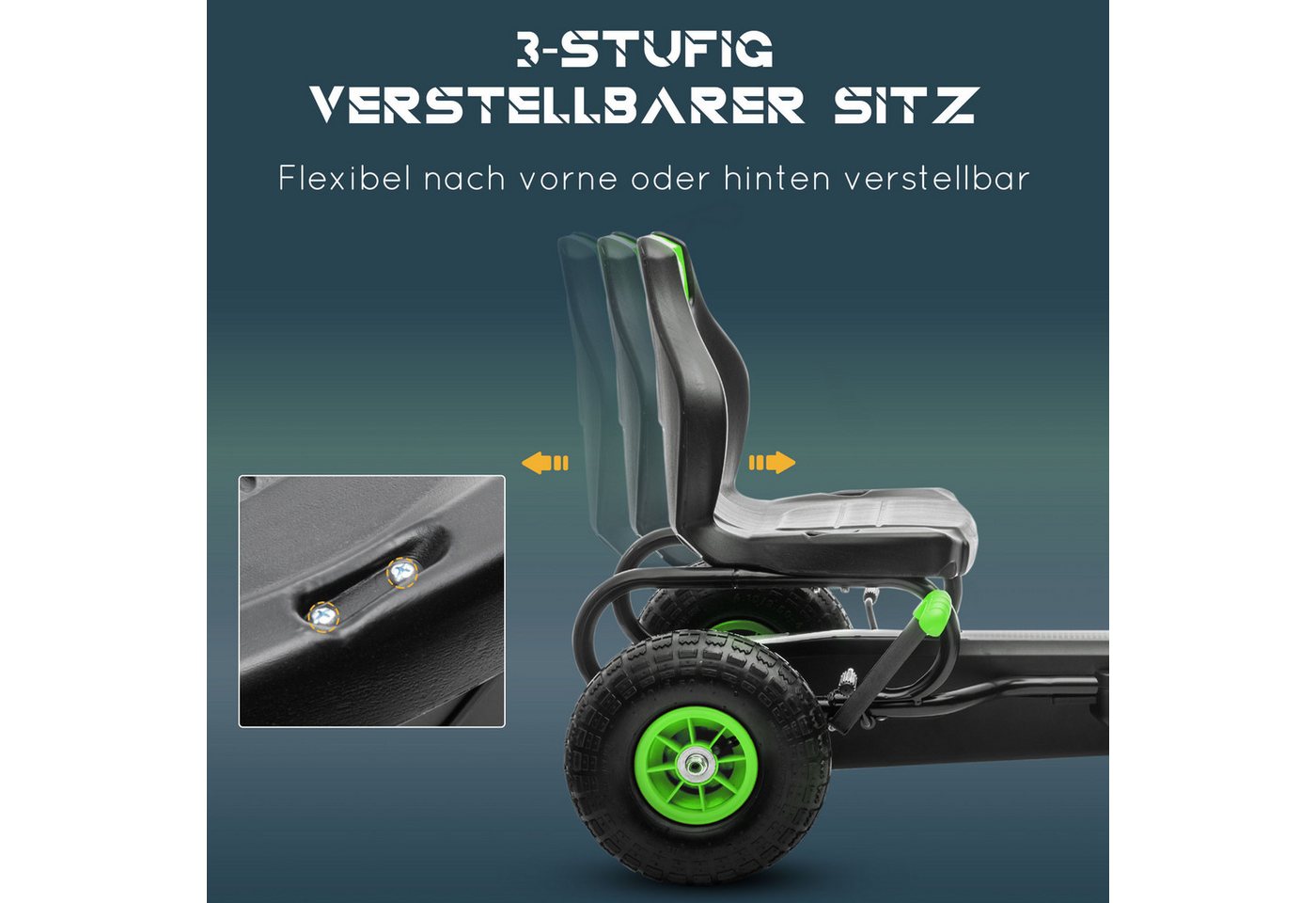 HOMCOM Go-Kart Kinderfahrzeug, Tretfahrzeug, Pedal und Handbremse, Outdoor, für Garten, Balkon, Grün+Schwarz – Bild 4 von 5