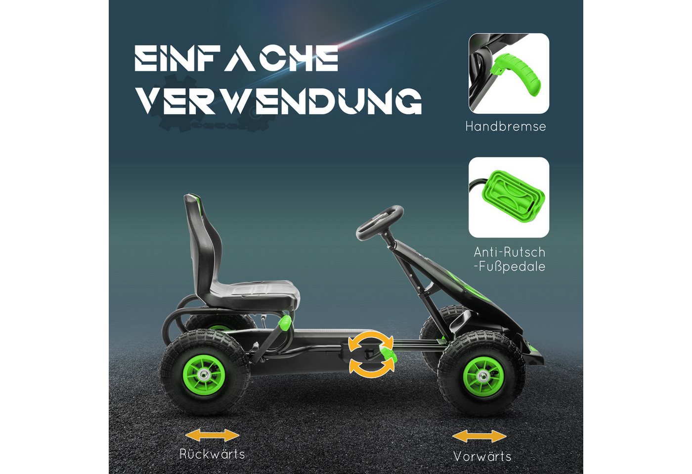 HOMCOM Go-Kart Kinderfahrzeug, Tretfahrzeug, Pedal und Handbremse, Outdoor, für Garten, Balkon, Grün+Schwarz – Bild 5 von 5
