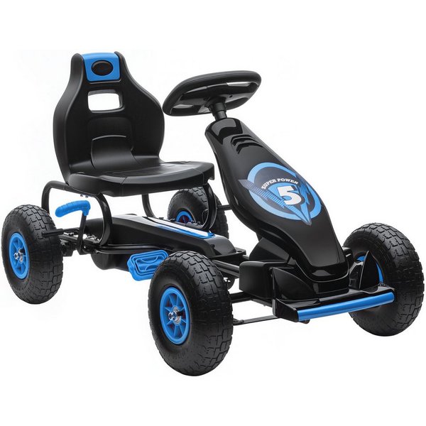 HOMCOM Go-Kart Kinderfahrzeug, Tretfahrzeug mit Pedal und Handbremse, Outdoor, für Garten, Balkon, Blau+Schwarz