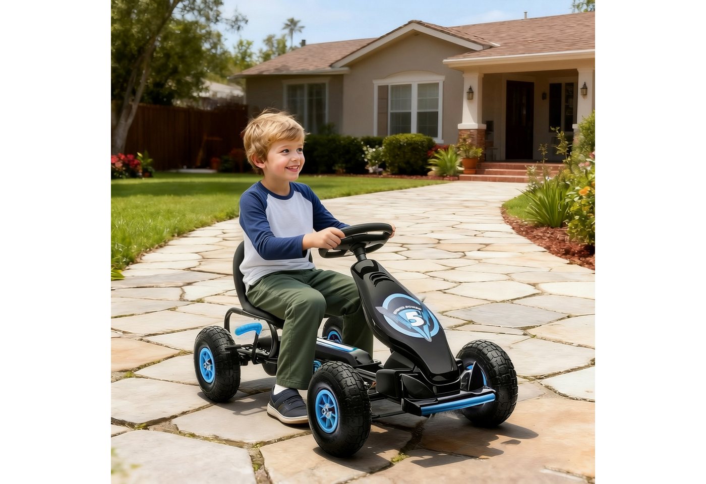 HOMCOM Go-Kart Kinderfahrzeug, Tretfahrzeug mit Pedal und Handbremse, Outdoor, für Garten, Balkon, Blau+Schwarz – Bild 2 von 5