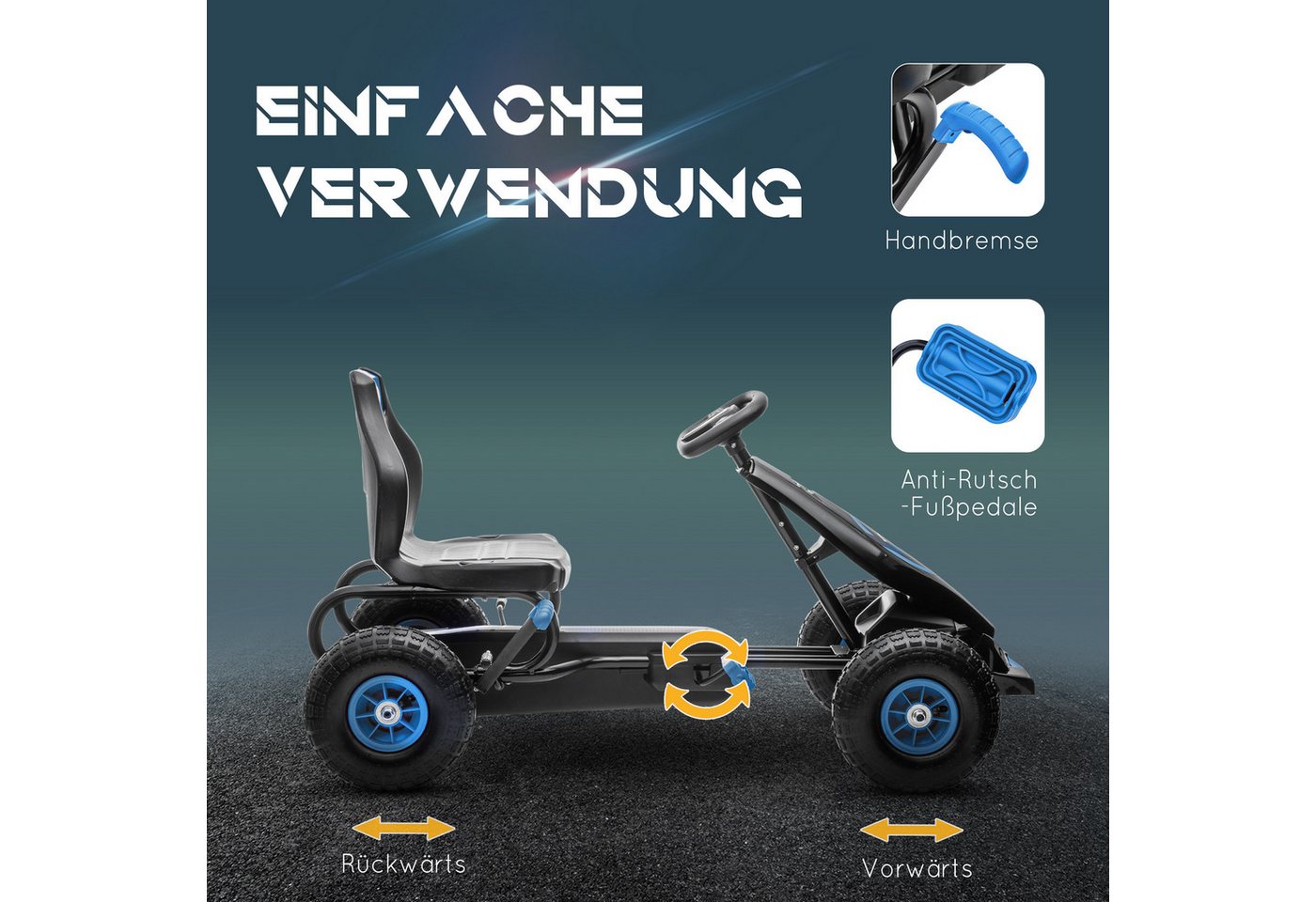 HOMCOM Go-Kart Kinderfahrzeug, Tretfahrzeug mit Pedal und Handbremse, Outdoor, für Garten, Balkon, Blau+Schwarz – Bild 5 von 5