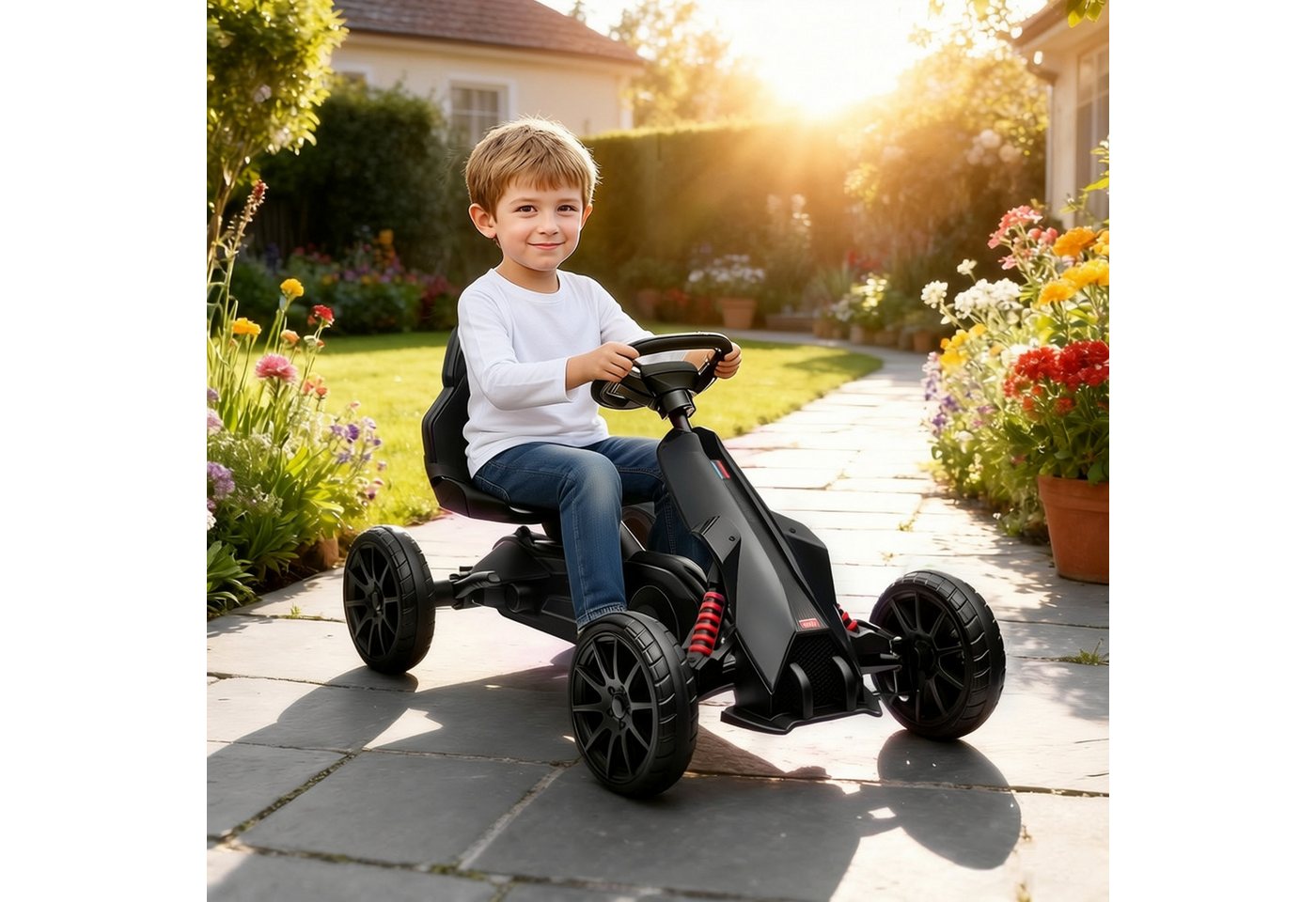 HOMCOM Go-Kart Tretauto, Tretfahrzeug mit Handbremse, verstellbarem Sitz, für Kinder, Schwarz – Bild 2 von 5