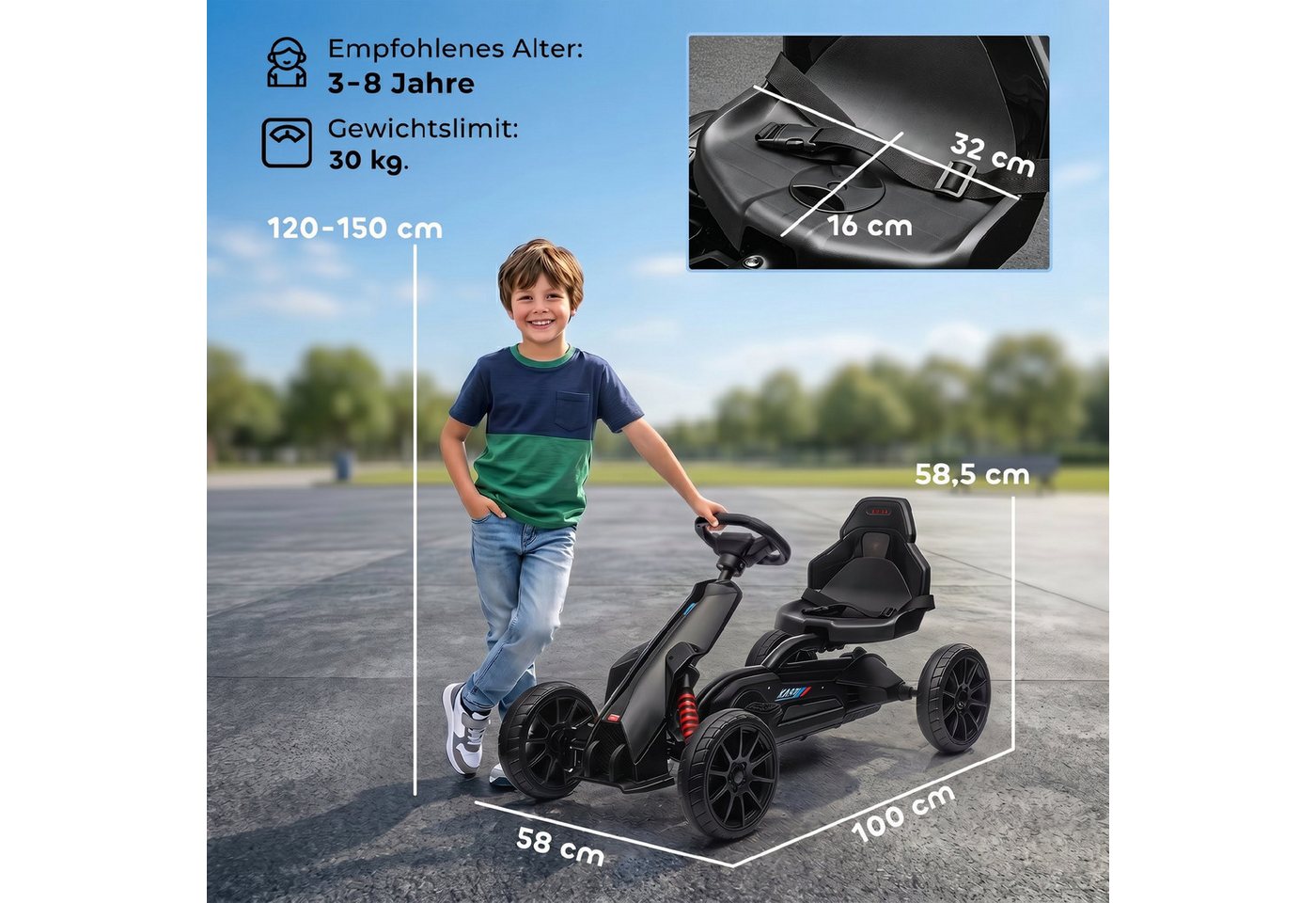 HOMCOM Go-Kart Tretauto, Tretfahrzeug mit Handbremse, verstellbarem Sitz, für Kinder, Schwarz – Bild 3 von 5
