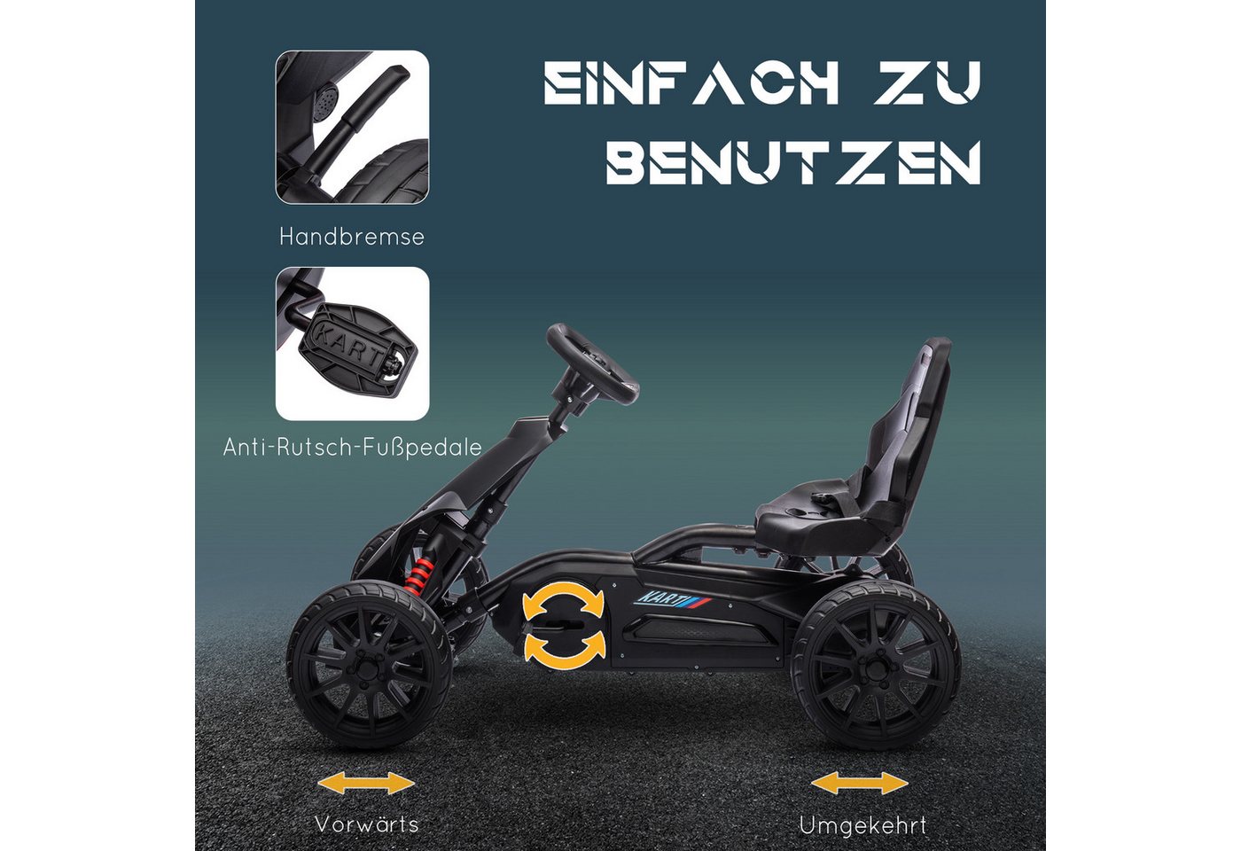 HOMCOM Go-Kart Tretauto, Tretfahrzeug mit Handbremse, verstellbarem Sitz, für Kinder, Schwarz – Bild 5 von 5