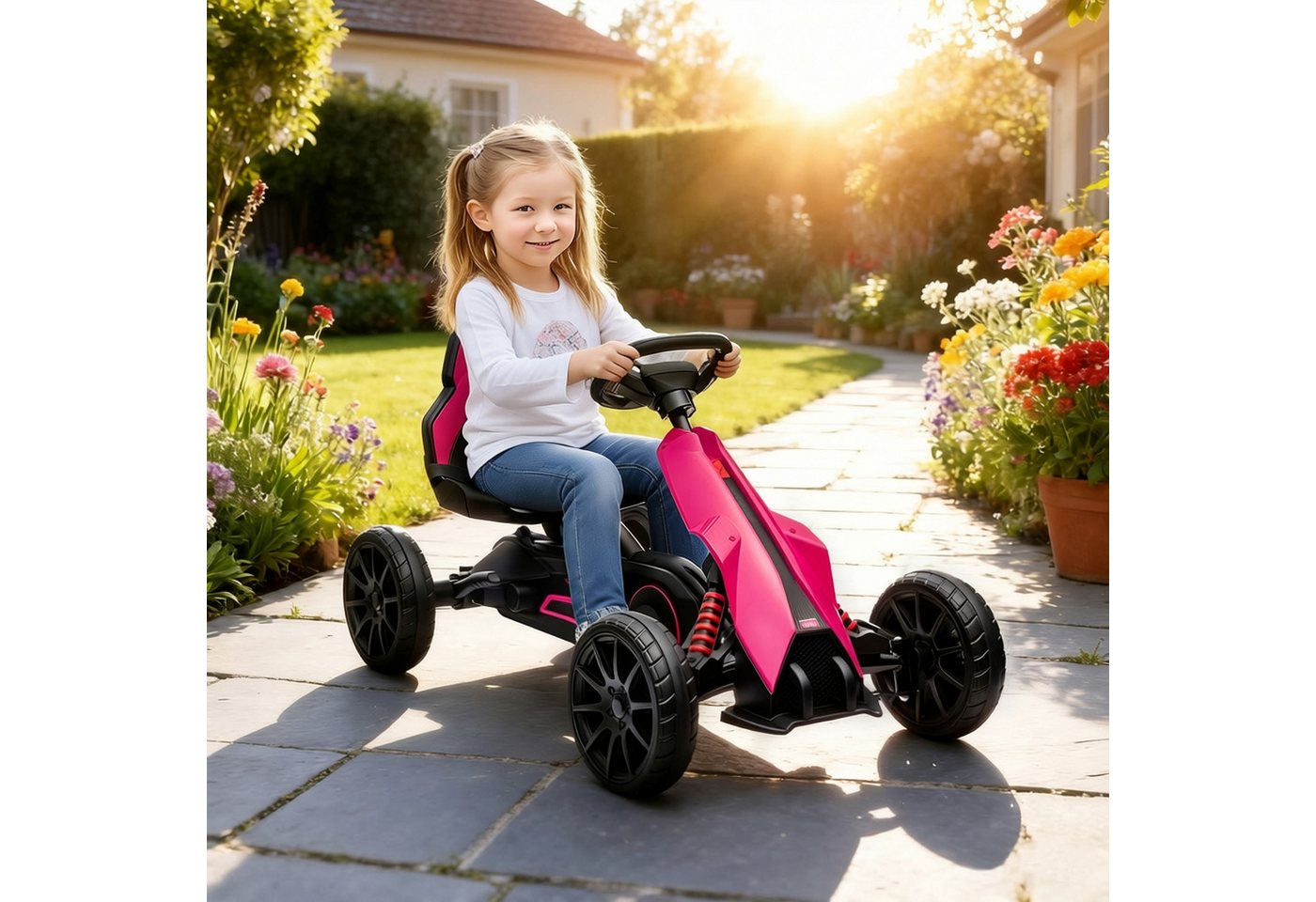 HOMCOM Go-Kart Tretauto mit Handbremse, verstellbarem Sitz, Tretfahrzeug, für Kinder, Rosa – Bild 2 von 5