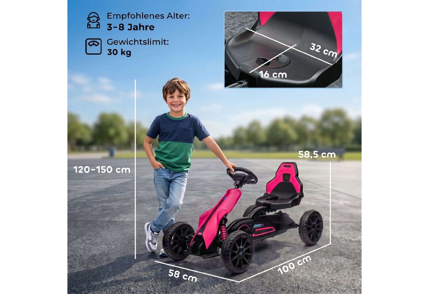 HOMCOM Go-Kart Tretauto mit Handbremse, verstellbarem Sitz, Tretfahrzeug, für Kinder, Rosa – Bild 3 von 5