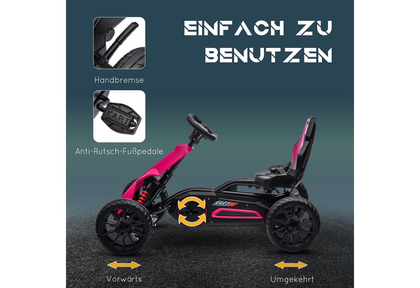 HOMCOM Go-Kart Tretauto mit Handbremse, verstellbarem Sitz, Tretfahrzeug, für Kinder, Rosa – Bild 5 von 5