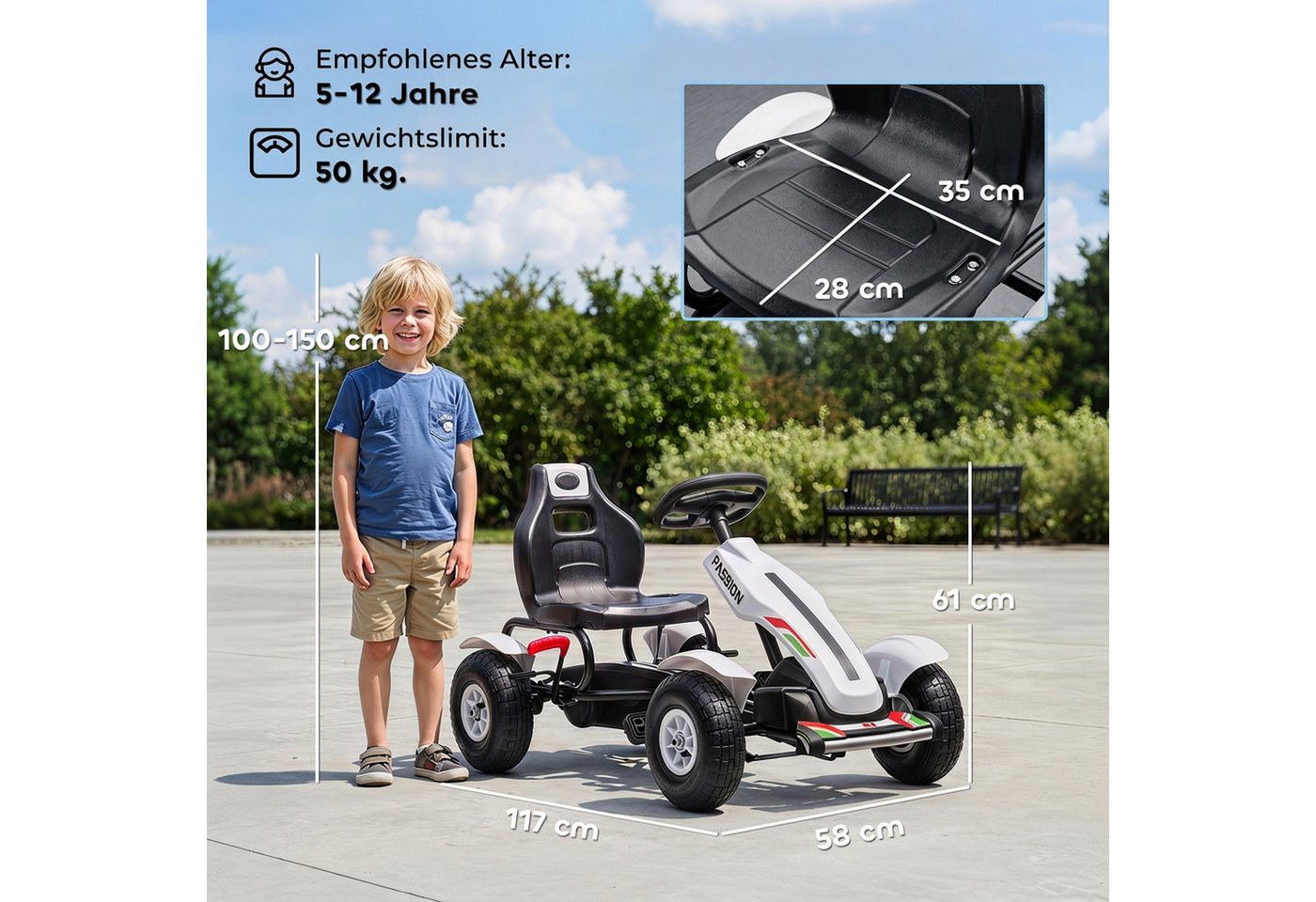 HOMCOM Go-Kart Tretauto mit Handbremse, verstellbarem Sitz, Vor- und Rückwärtsgang, für Kinder 5-12 Jahren Weiß – Bild 3 von 5