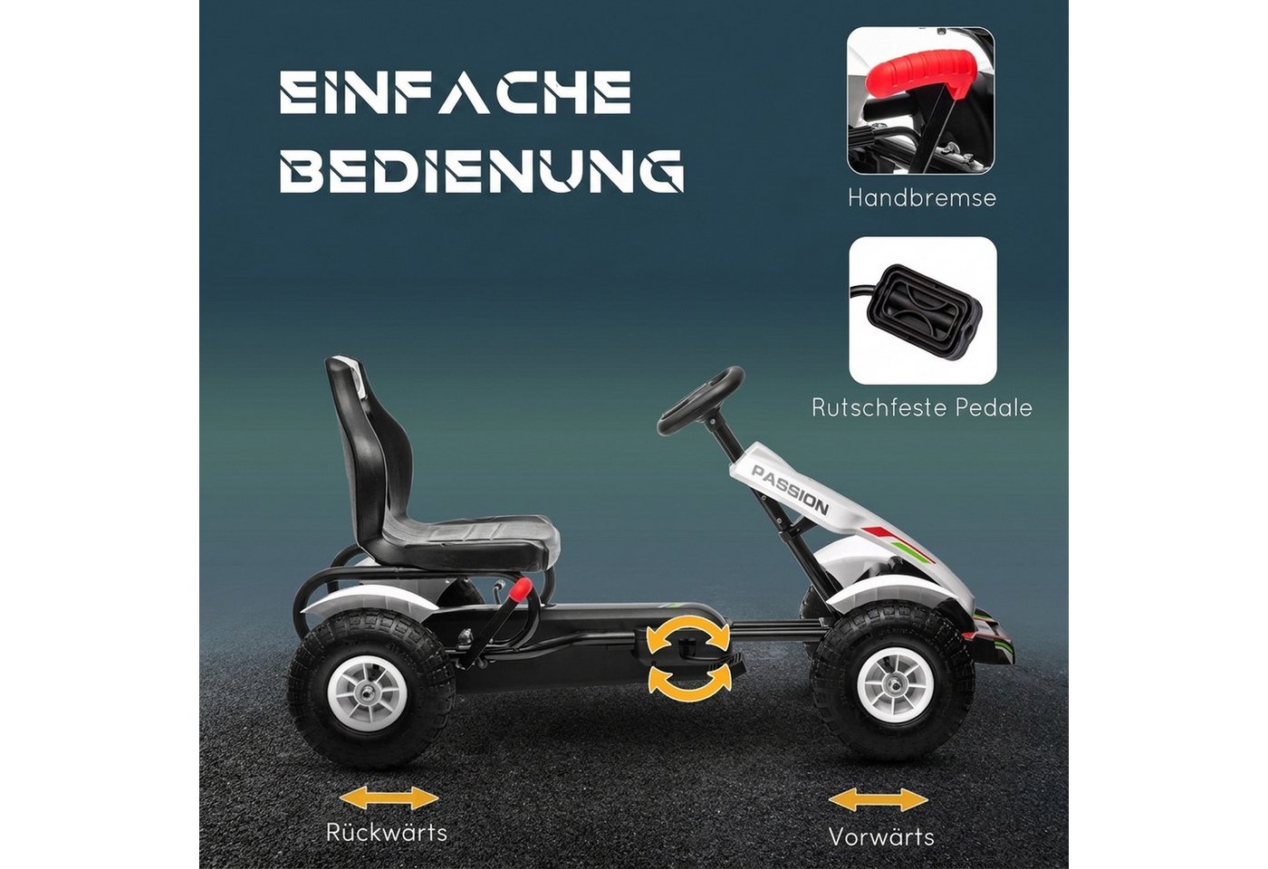 HOMCOM Go-Kart Tretauto mit Handbremse, verstellbarem Sitz, Vor- und Rückwärtsgang, für Kinder 5-12 Jahren Weiß – Bild 5 von 5