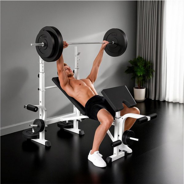 HOMCOM Hantelbank Verstellbar, Multifunktionaler Trainingsbank, Stahl, Schwarz+Weiß, (Beinpresse, 1-tlg., Armauflage für Gewichtstraining), 180cm x 134cm x 136c