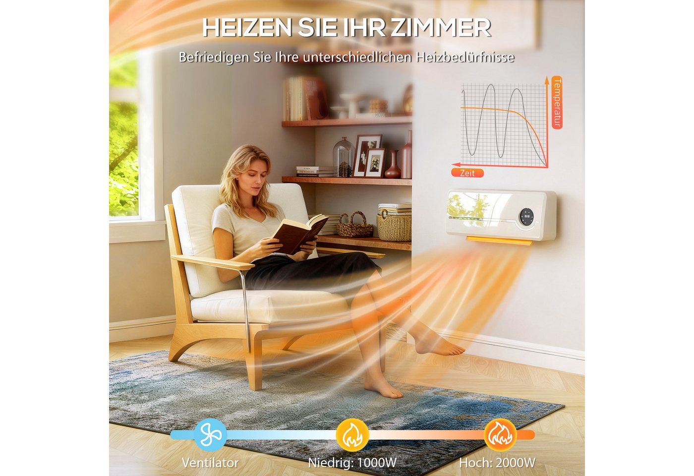 HOMCOM Heizlüfter Timer, LED-Anzeige, 2000 W, für Wohnzimmer, Schlafzimmer, Weiß – Bild 5 von 5