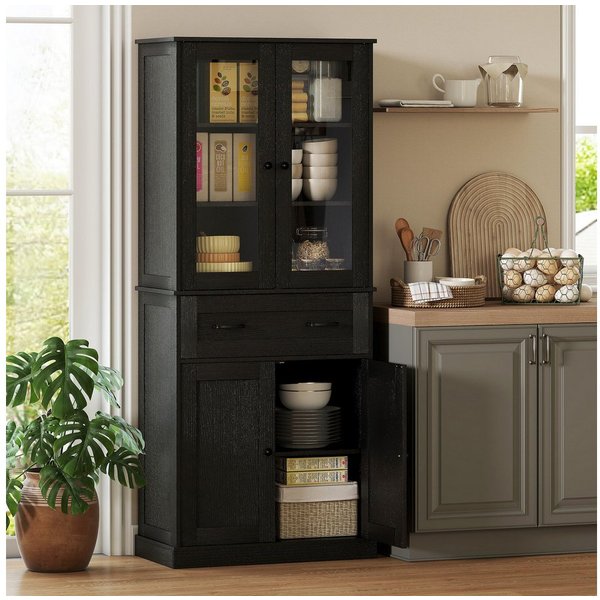 HOMCOM Hochschrank Küchenschrank Buffetschrank mit 2 Schränken, Acrylglastüren (Vitrinenschrank, 1-St., Hochschrank) für Küche, Esszimmer, Schwarz