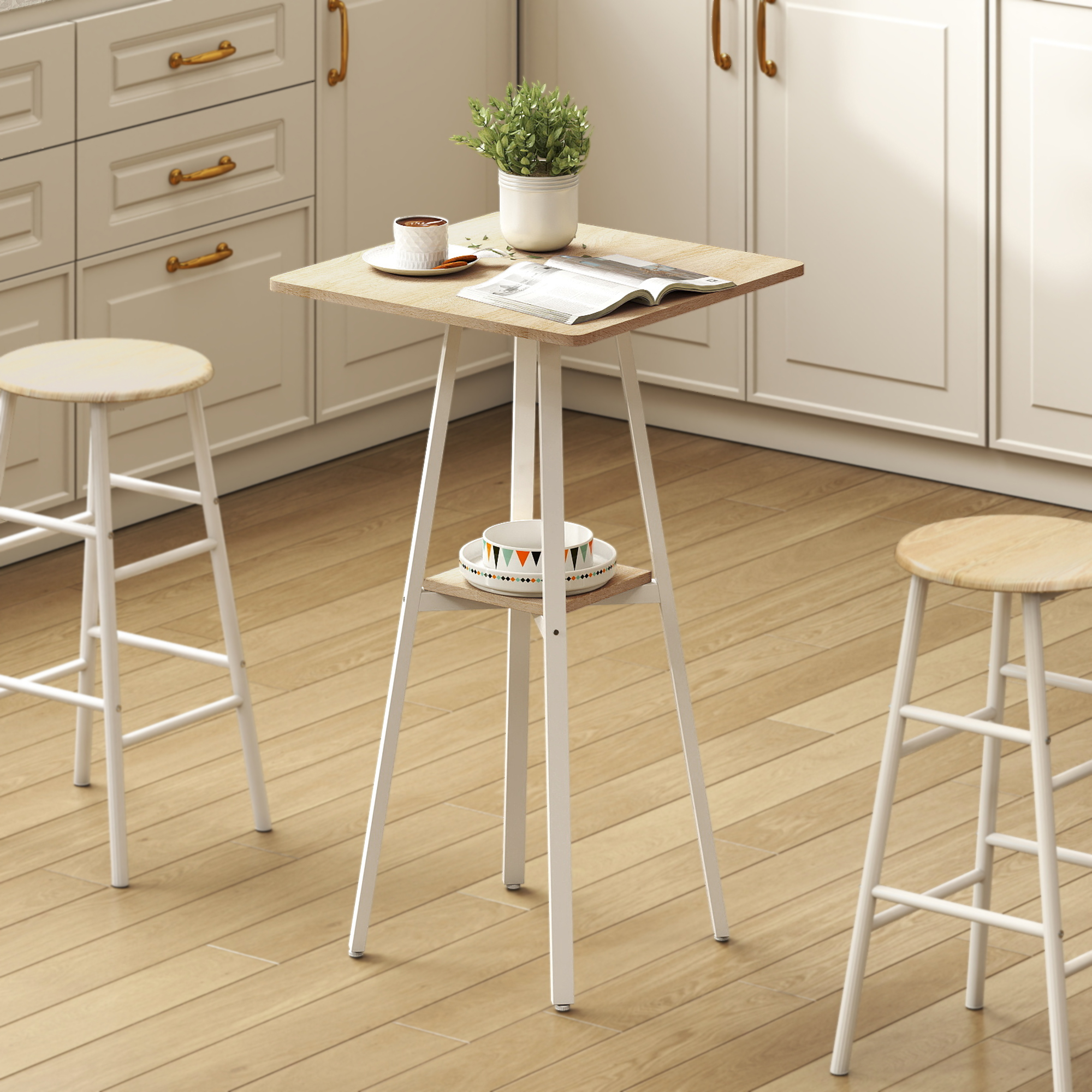 HOMCOM Hochtisch Küche Quadratisch mit Ablage, Moderner Bartisch für 2 Personen mit Metallgestell, 55x55x95 cm, Naturholz und Weiß Aosom – Bild 2 von 2