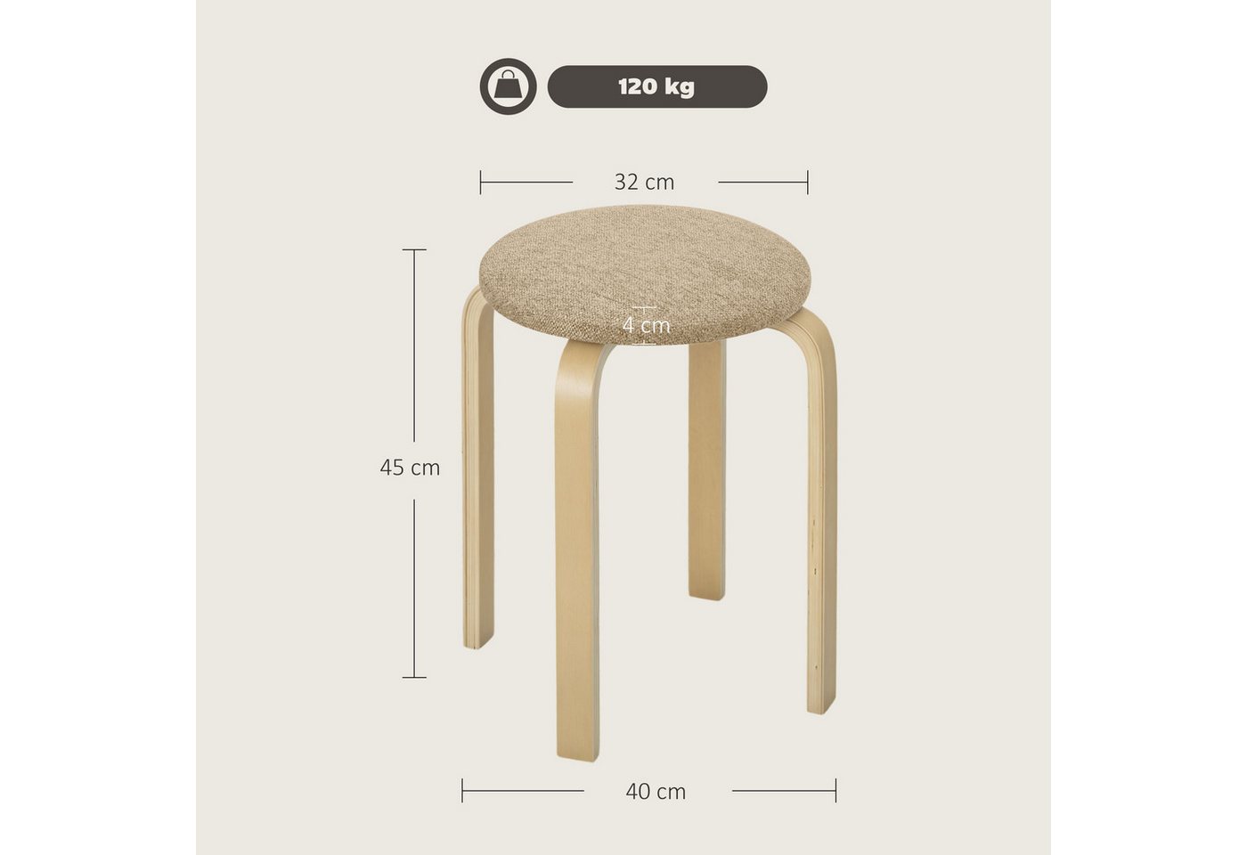 HOMCOM Hocker Esszimmerhocker 4er Set Stapelhocker aus Birkensperrholz (Esszimmerhocker, 4 St., Stapelhocker), für Esszimmer Wohnzimmer Khaki – Bild 3 von 5