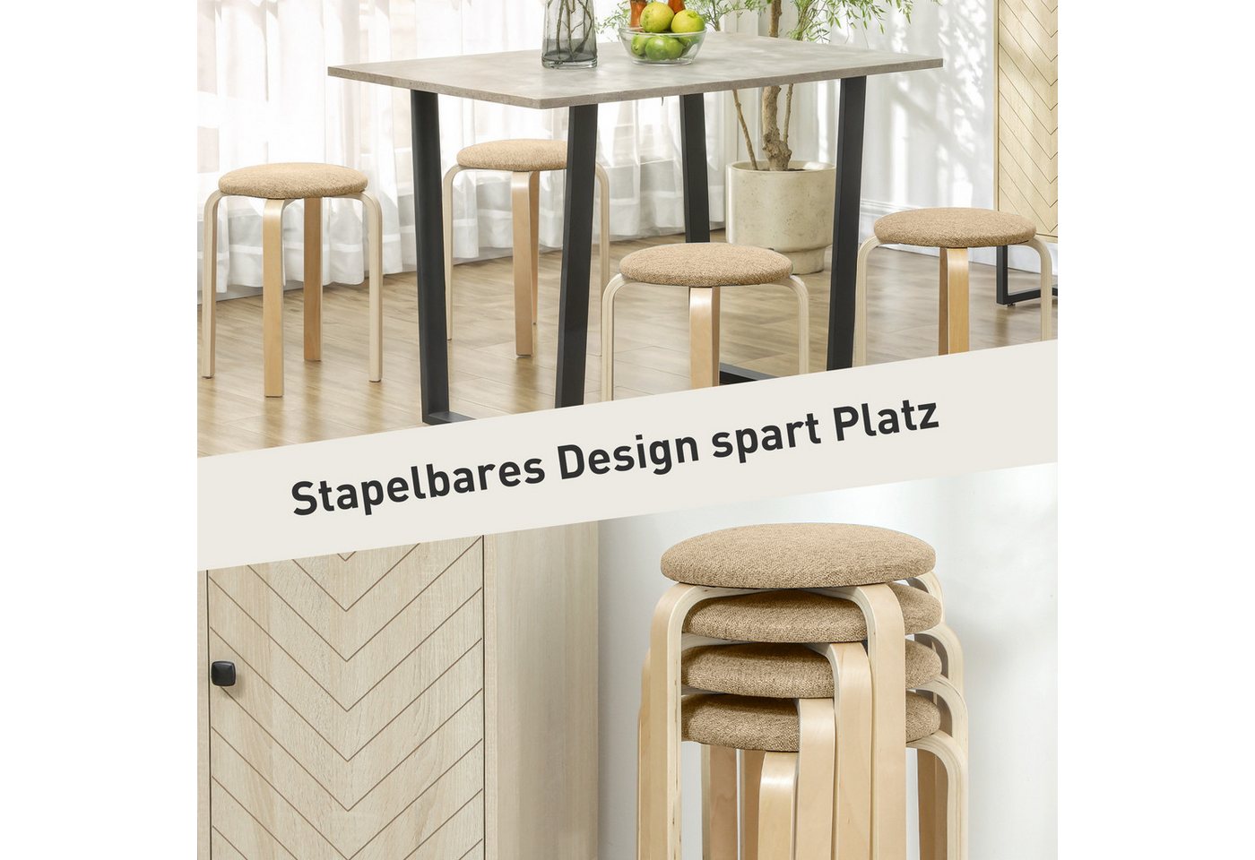 HOMCOM Hocker Esszimmerhocker 4er Set Stapelhocker aus Birkensperrholz (Esszimmerhocker, 4 St., Stapelhocker), für Esszimmer Wohnzimmer Khaki – Bild 4 von 5
