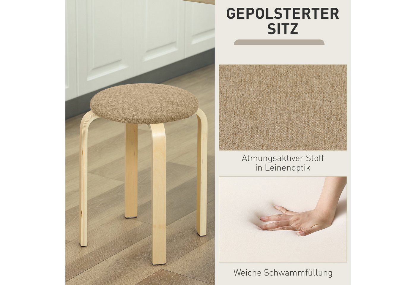 HOMCOM Hocker Esszimmerhocker 4er Set Stapelhocker aus Birkensperrholz (Esszimmerhocker, 4 St., Stapelhocker), für Esszimmer Wohnzimmer Khaki – Bild 5 von 5