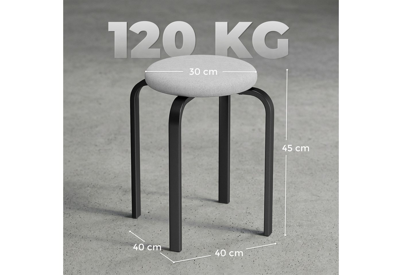 HOMCOM Hocker Esszimmerhocker mit Leinenoptik, Stahlbeinen, Polsterhocker Grau (Stapelhocker, 4 St., Runder Küchenhocker), Stapelbar, keine Montage erforderlich – Bild 3 von 5