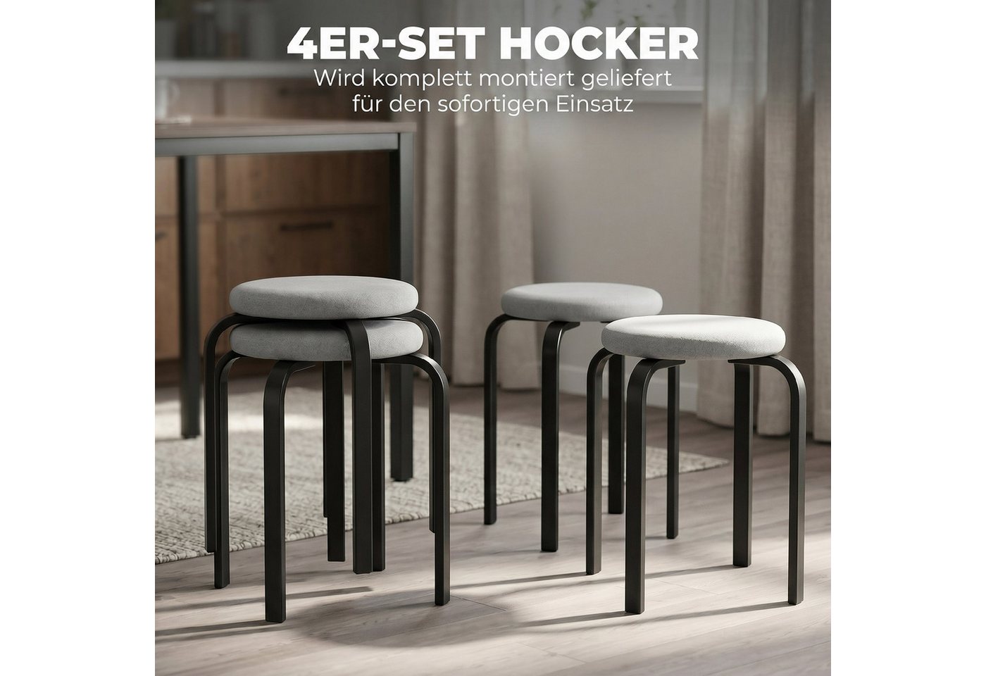 HOMCOM Hocker Esszimmerhocker mit Leinenoptik, Stahlbeinen, Polsterhocker Grau (Stapelhocker, 4 St., Runder Küchenhocker), Stapelbar, keine Montage erforderlich – Bild 4 von 5