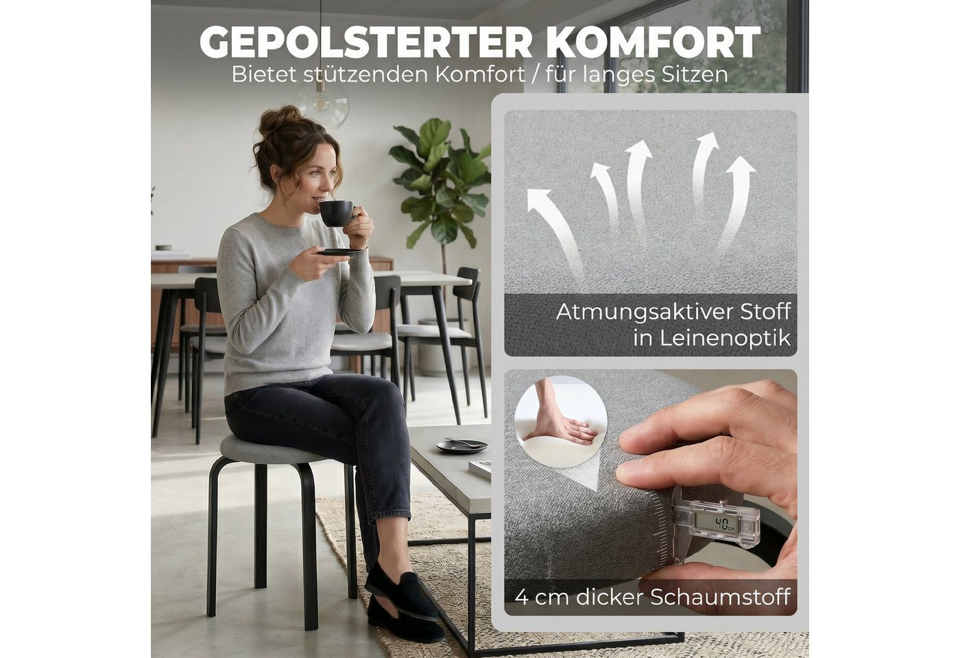 HOMCOM Hocker Esszimmerhocker mit Leinenoptik, Stahlbeinen, Polsterhocker Grau (Stapelhocker, 4 St., Runder Küchenhocker), Stapelbar, keine Montage erforderlich – Bild 5 von 5