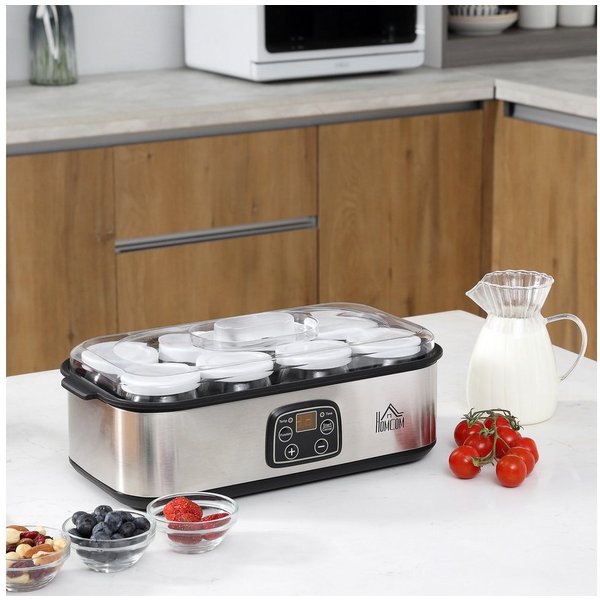 HOMCOM Joghurtbereiter Griechische Joghurtmaschine, Joghurt Maker für 1,4 L, LCD Timer, 8 Portionsbehälter, je 180 ml, PC PP-Kunststoff Edelstahl Glas Silber 36