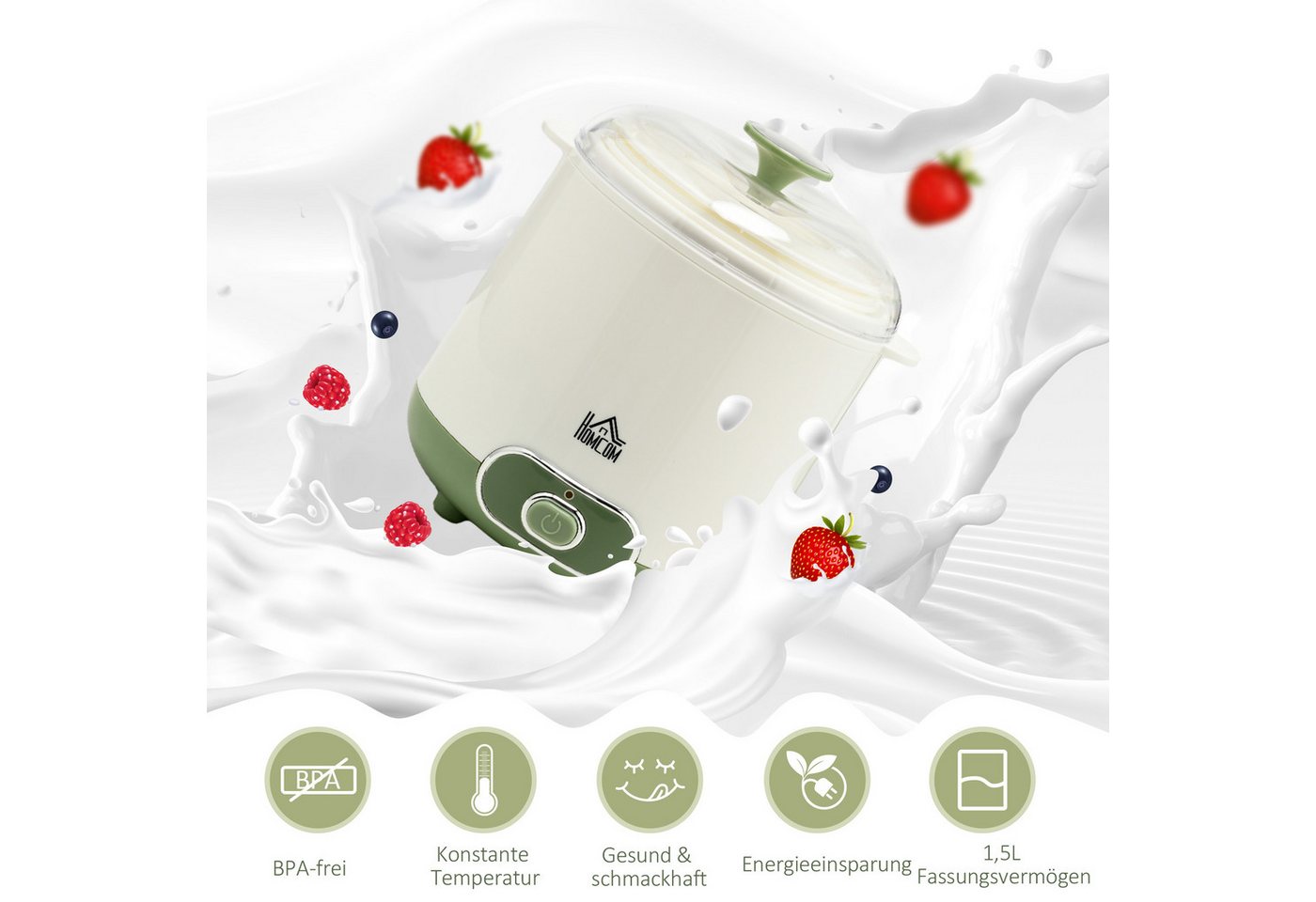 HOMCOM Joghurtbereiter Joghurtmaschine mit Sieb, Deckel, 20 W Joghurt-Maker, 2 Portionsbehälter, je 1500 ml, für griechischen Joghurt, für 3–5 Personen, 19,5x17 – Bild 4 von 5
