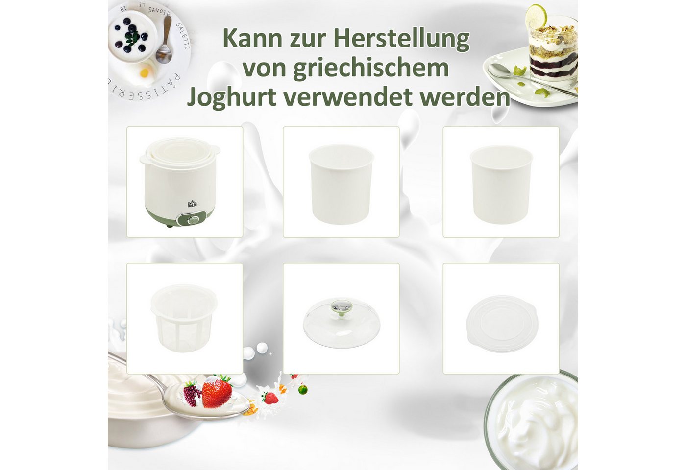 HOMCOM Joghurtbereiter Joghurtmaschine mit Sieb, Deckel, 20 W Joghurt-Maker, 2 Portionsbehälter, je 1500 ml, für griechischen Joghurt, für 3–5 Personen, 19,5x17 – Bild 5 von 5