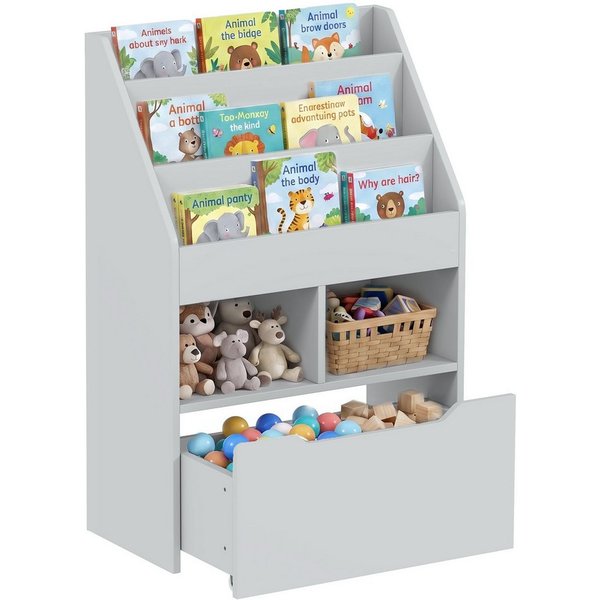 HOMCOM Kinderregal Kinder Bücherregal mit Schublade, 3 Ablagefächern, Aufbewahrungsregal 1-tlg., für Kinderzimmer, Spielzimmer, Grau, 60 x 29,9 x 90 cm